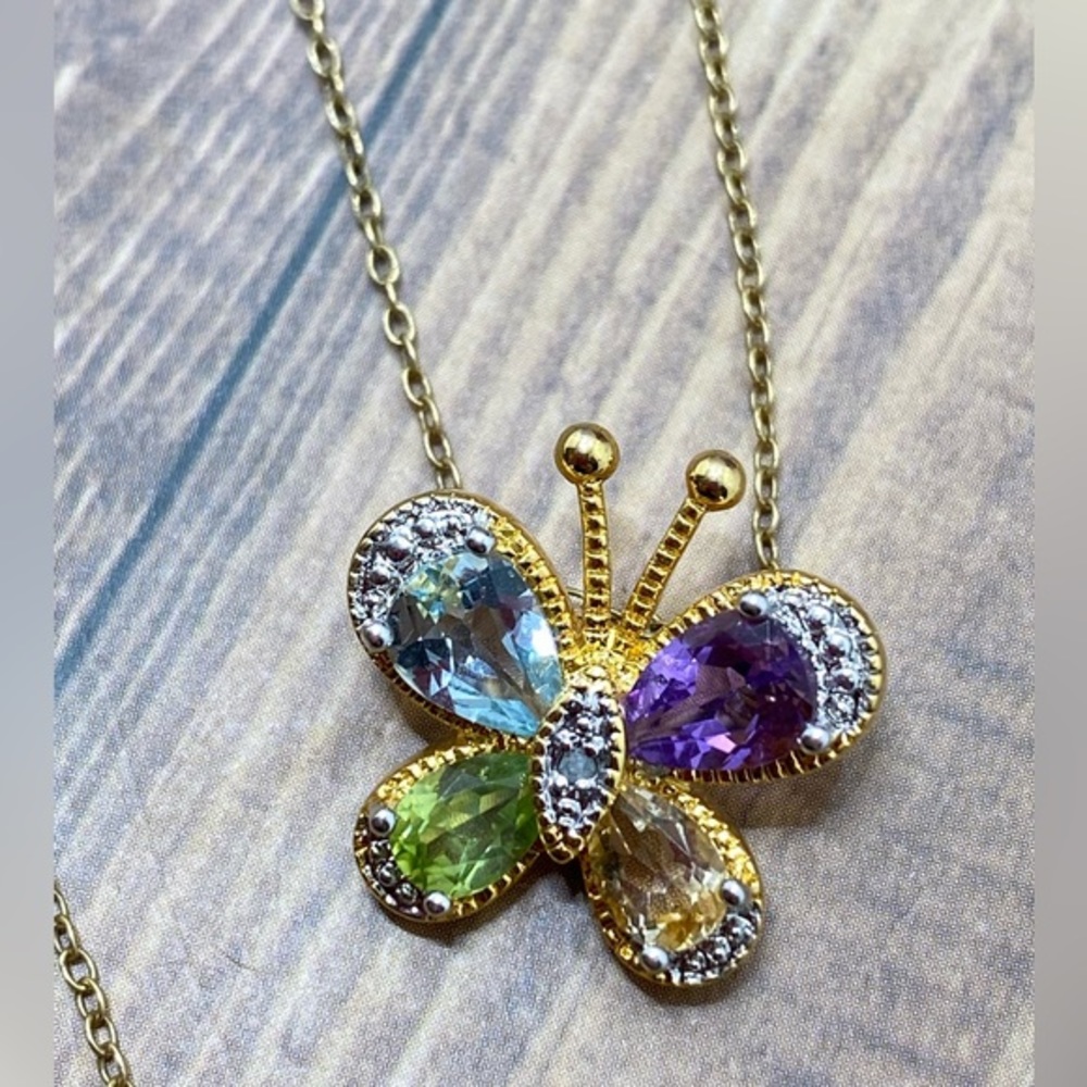 JBX 925 sterling silver marked multicolor rhinestones butterfly pendant necklace